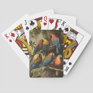 Kleurrijke papegaaien in een boom, vintage botanis pokerkaarten