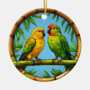 Kleurrijke papegaaien op een bamboe frame keramisch ornament