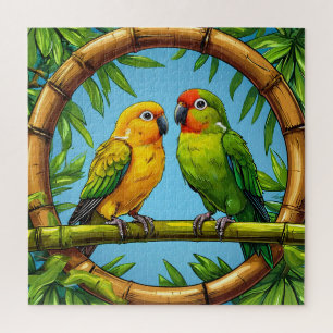 Kleurrijke papegaaien op een bamboe frame legpuzzel