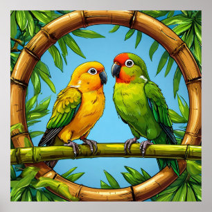 Kleurrijke papegaaien op een bamboe frame poster