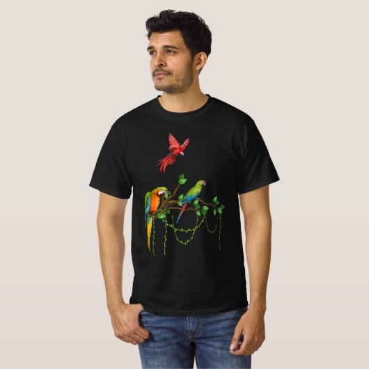 Kleurrijke papegaaien op een tak - Tropische vogel T-shirt (Voorkant volledig)