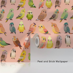 Kleurrijke papegaaien op perzik behang