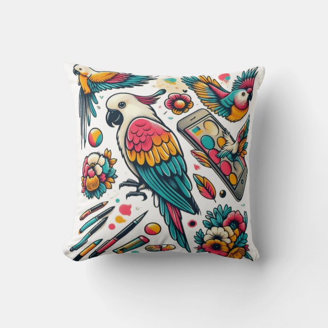 Kleurrijke papegaaien Tropische kunst Kussen (Voorkant)