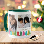 Kleurrijke papieren bomen 3 foto Kerstmis Koffiemok<br><div class="desc">Deze leuke,  kleurrijke kerst mok beschikt over 3 fotosjablonen en een lijn van overlappende tissuepapierbomen in rood,  groen,  limoen,  aqua blauw,  goudgeel en magenta roze. De boompjes geven een ambachtelijk,  decoupage gevoel,  waardoor een speelse mok ontstaat die een geweldig cadeau maakt!</div>