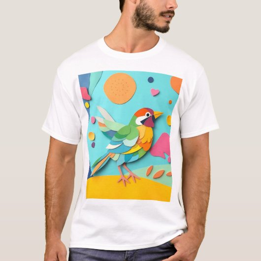 Kleurrijke Papieren Collage Vogel T-shirt (Voorkant)