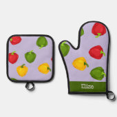 Kleurrijke paprika's op paars ovenwant & pannenlap set (Voorkant)