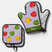 Kleurrijke paprika's op paars ovenwant & pannenlap set (Voorkant / Achterkant)