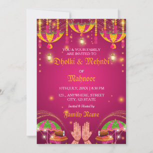 Kleurrijke paraplu Mehndi & Dholki Night Invitatio Kaart