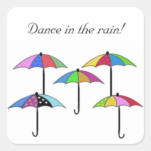 Kleurrijke paraplu's dansen in de regen vierkante sticker (Voorkant)
