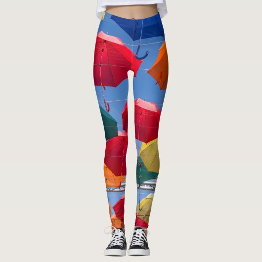 Kleurrijke paraplu's in de hemel blauw oranje rood leggings (Voorkant)