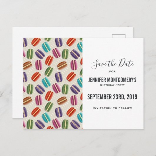 Kleurrijke Parijse Macarons Patroon Save the Date Briefkaart (Voorkant / Achterkant)
