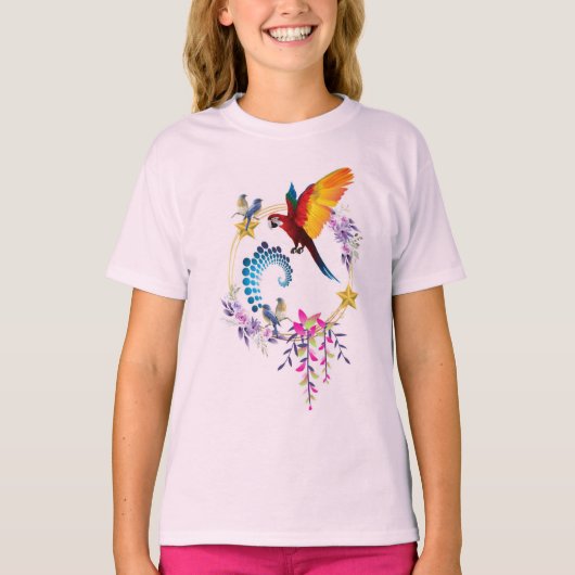 "Kleurrijke Parrot Print Meisjes T-shirt - Tropisc (Voorkant)