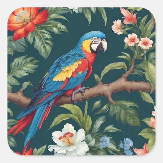 Kleurrijke Parrot Tropical Oerwoud Leaves Vierkante Sticker (Voorkant)