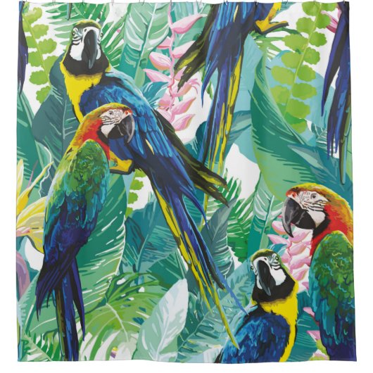 kleurrijke parrots en exotische bloemen douchegordijn (Voorkant)