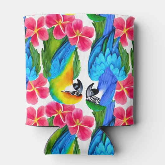 Kleurrijke parrots met tropische bloemen gooien pi blikjeskoeler (Achterkant)