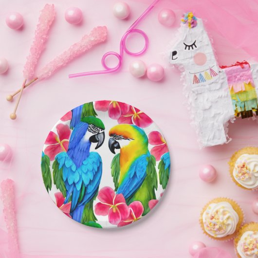 Kleurrijke parrots met tropische bloemen papieren bordje (Feest)
