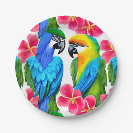Kleurrijke parrots met tropische bloemen papieren bordje
