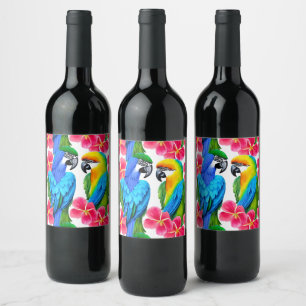 Kleurrijke parrots met tropische bloemen wijn etiket