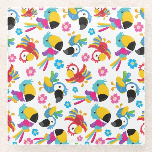 Kleurrijke parrots, tropische parrots, vogels, blo glazen onderzetter (Voorkant)