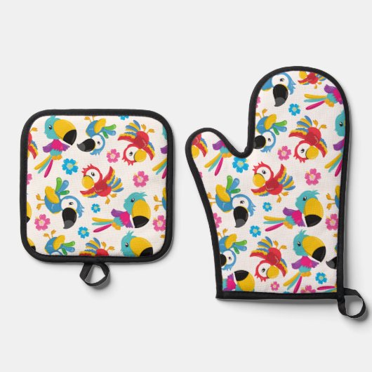 Kleurrijke parrots, tropische parrots, vogels, blo ovenwant & pannenlap set (Voorkant)