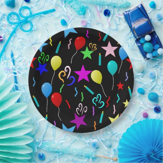 Kleurrijke partijballonnen en sterren papieren bordje (Feest)