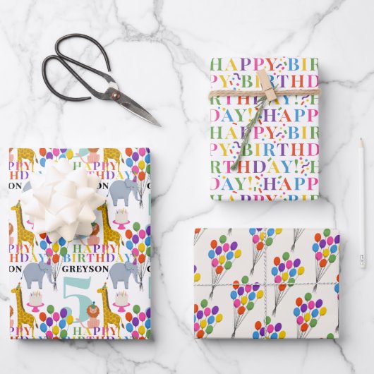 Kleurrijke Party Dieren Ballonnen en Gelukkige Ver Inpakpapier Vel (Voorkant)