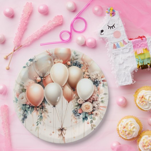 Kleurrijke Party Witte Perzik Bloemen Ballonnen El Papieren Bordje (Feest)
