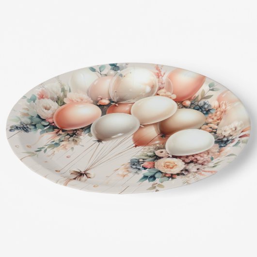 Kleurrijke Party Witte Perzik Bloemen Ballonnen El Papieren Bordje (Gekanteld)