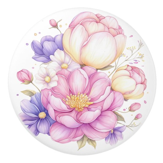 Kleurrijke Pastel Bloemen Bloemen Keramische Knop (Voorkant)