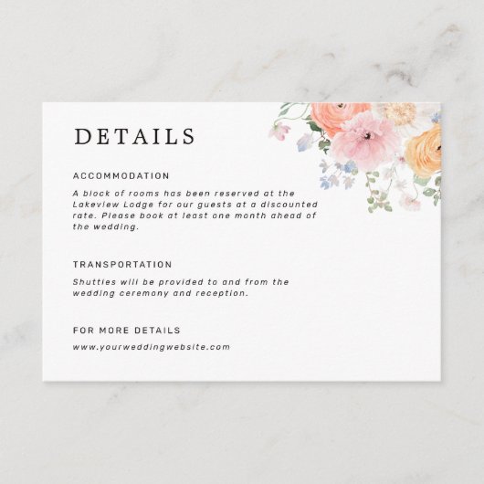Kleurrijke Pastel Bloemen bruiloft Details Informatiekaartje (Voorkant)