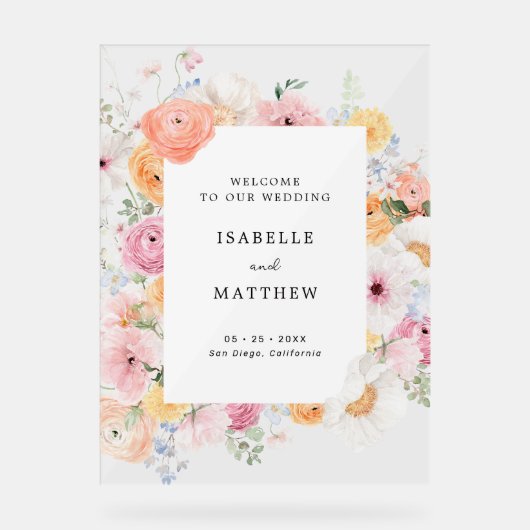 Kleurrijke Pastel Bloemen Bruiloft Welkom Acryl Bord (Voorkant)