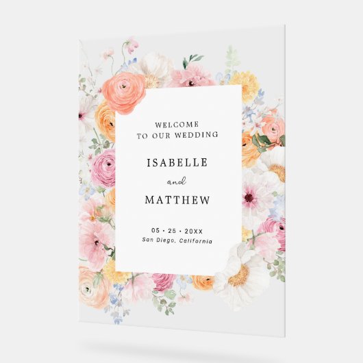 Kleurrijke Pastel Bloemen Bruiloft Welkom Acryl Bord (Hoek)