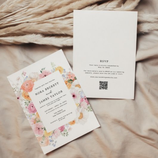 Kleurrijke Pastel Bloemen Lijst QR Code Huwelijk Kaart