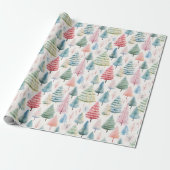 Kleurrijke Pastel Christmas Pine Trees Patroon Cadeaupapier (Uitgerold)
