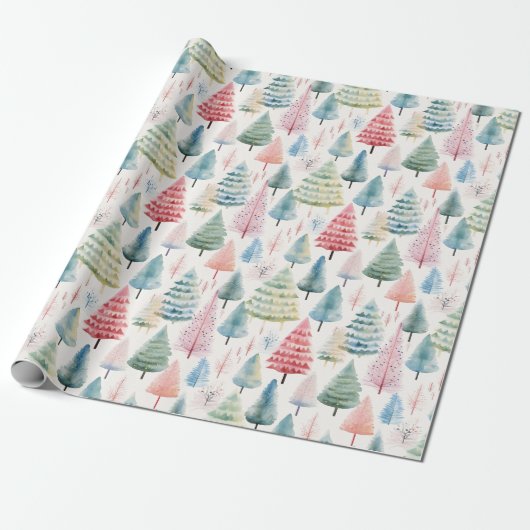 Kleurrijke Pastel Christmas Pine Trees Patroon Cadeaupapier (Uitgerold)