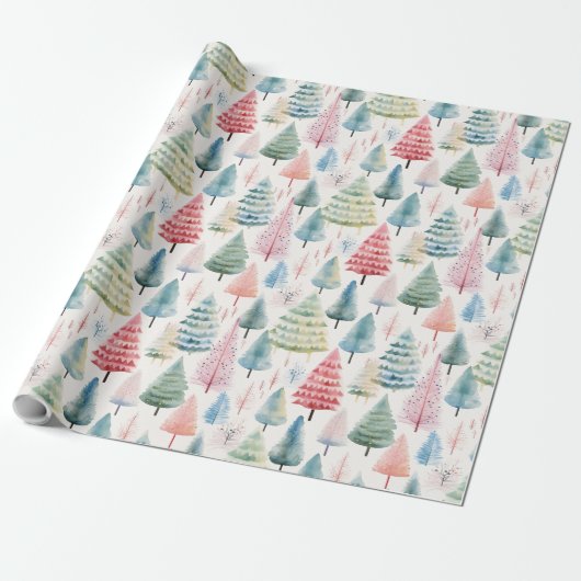 Kleurrijke Pastel Christmas Pine Trees Patroon Cadeaupapier (Uitgerold)