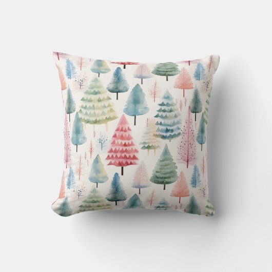 Kleurrijke Pastel Christmas Pine Trees Patroon Kussen (Voorkant)