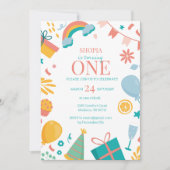 Kleurrijke Pastel Doodle 1e verjaardag uitnodiging (Voorkant)