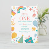 Kleurrijke Pastel Doodle 1e verjaardag uitnodiging (Staand voorkant)