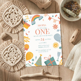 Kleurrijke Pastel Doodle 1e verjaardag uitnodiging