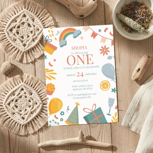 Kleurrijke Pastel Doodle 1e verjaardag uitnodiging