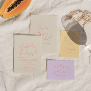 Kleurrijke pastel hand geschreven grillige bruilof kaart