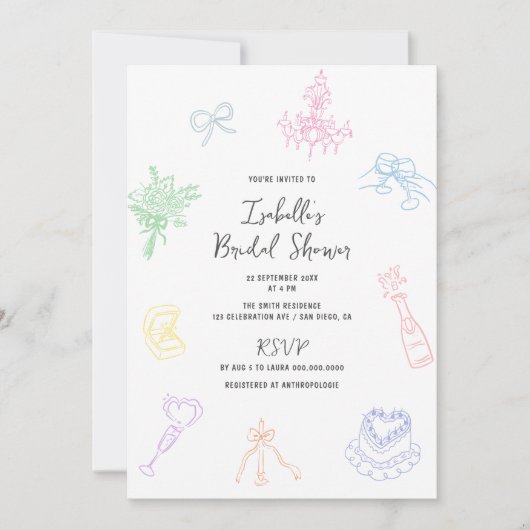 Kleurrijke Pastel Hand getrokken Vrijgezellenfeest Kaart (Voorkant)