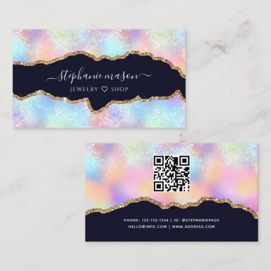 Kleurrijke Pastel Holographic Glitter Agaat Girly Contactkaartje (Voorkant / Achterkant)