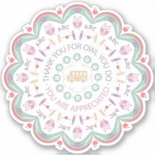 Kleurrijke pastel leraar waardering mandala uil sticker