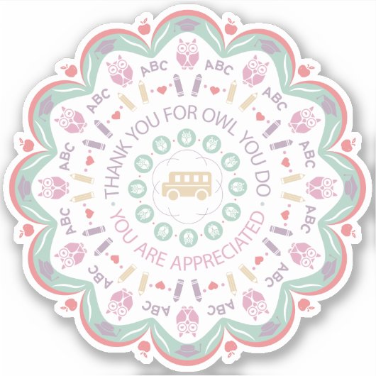 Kleurrijke pastel leraar waardering mandala uil sticker (Voorkant)