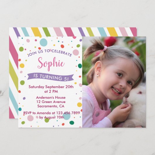 Kleurrijke Pastel Meisje 5e Verjaardag Party Foto Kaart (Voorkant / Achterkant)