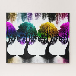 Kleurrijke pastel met zwarte silhouet bomen legpuzzel