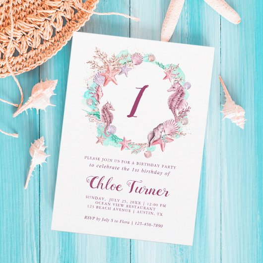Kleurrijke Pastel Onder het Zee Eerste Verjaardag Kaart