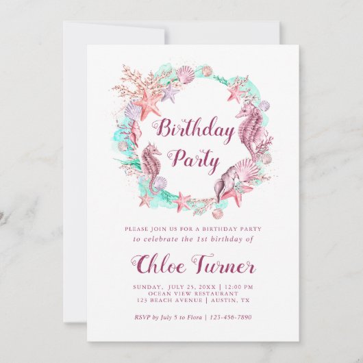 Kleurrijke Pastel Onder het Zee Meisje Verjaardag Kaart (Voorkant)